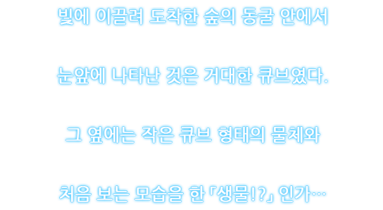 빛에 이끌려 도착한 숲의 동굴 안에서 눈앞에 나타난 것은 거대한 큐브였다. 그 옆에는 작은 큐브 형태의 물체와 처음 보는 모습을 한 「생물!?」 인가…