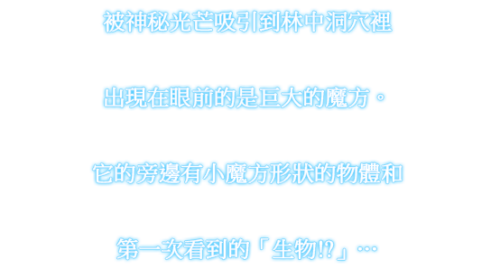 被神秘光芒吸引到林中洞穴裡 出現在眼前的是巨大的魔方。它的旁邊有小魔方形狀的物體和 第一次看到的「生物!?」…